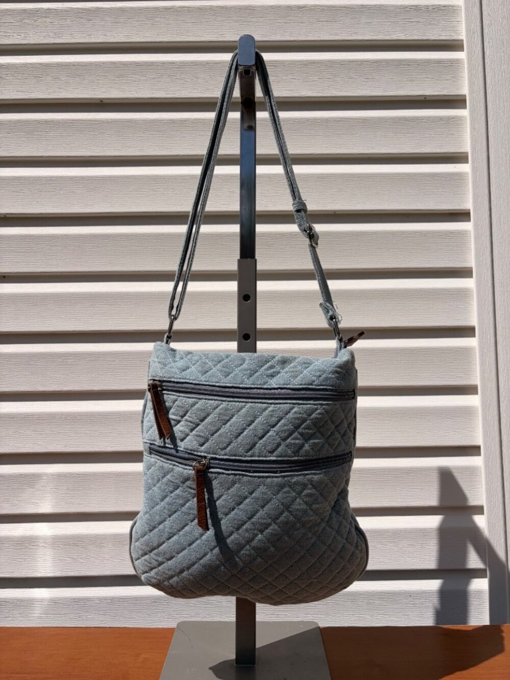 Seven Days Light Blue Quilted Chambray Crossbody Bag Purse Zipper Pockets